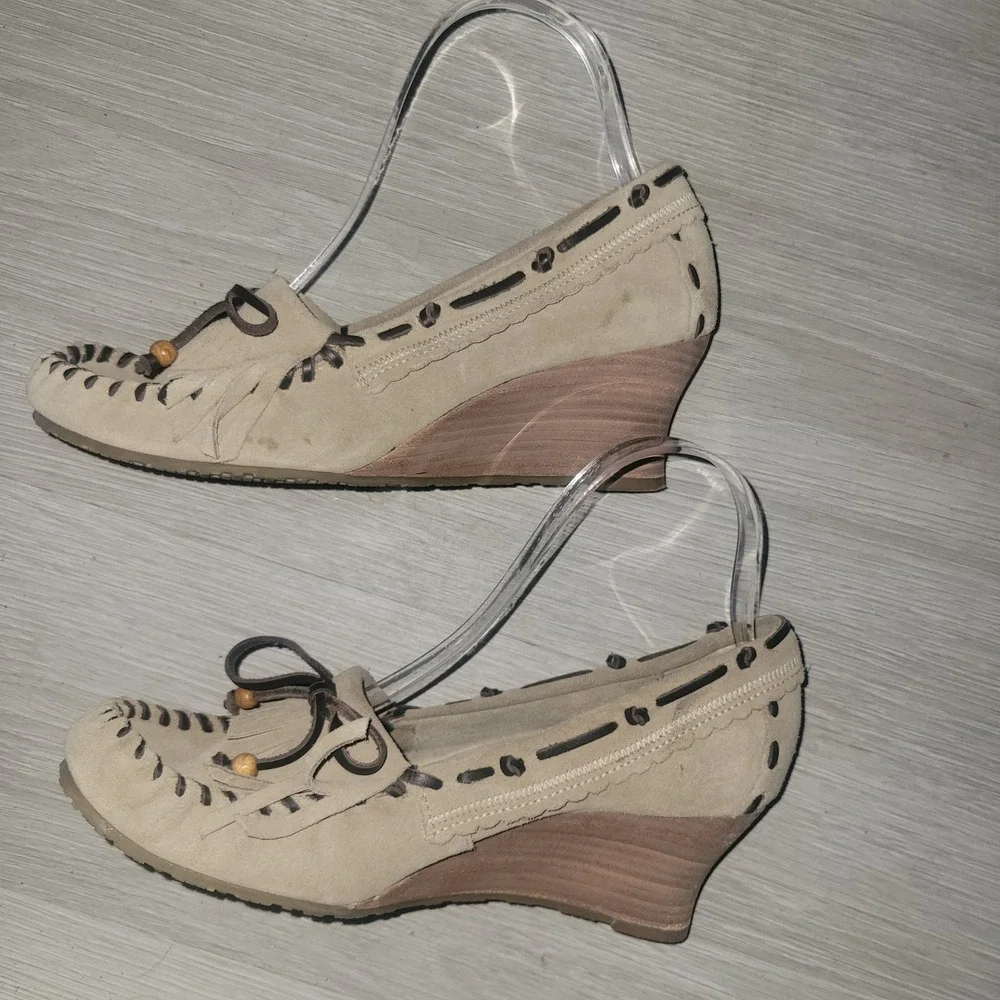 Sam Edelmann Tan Suede Fringe Wedge Moccasin Shoes 8M designer southwest western